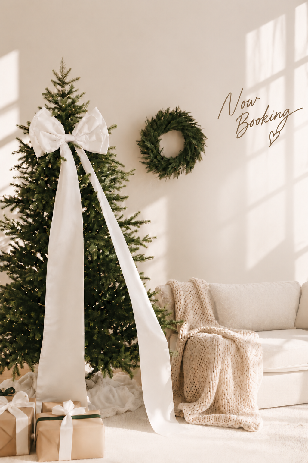 Now Booking: a Christmas tree with white ribbons, an evergreen wreath and a warm holiday studio setting